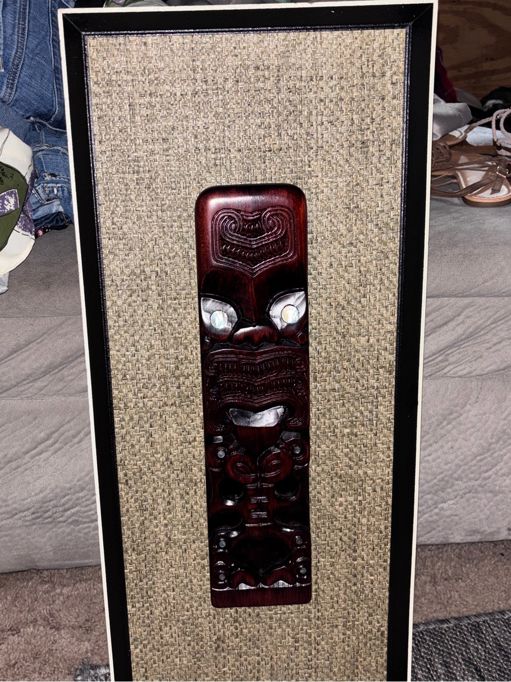 Framed Dark Brown Carved Tiki Mask Wall Decor